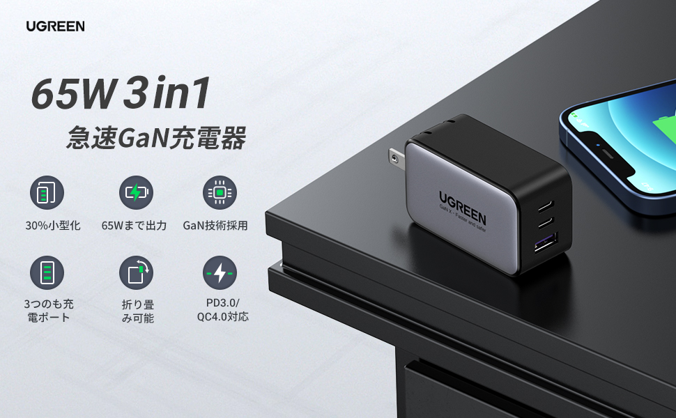 UGREEN Nexode PD 充電器 65W高出力 新生代GaN窒化ガリウム USB-C急速